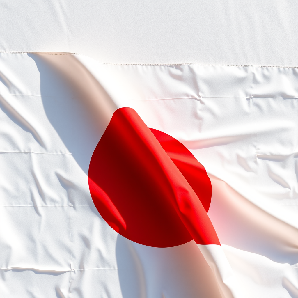 Create a high-resolution image of the Japanese flag, shot with a DSLR camera at f/8, ISO 100, 1/200s, using a flat lay perspective and natural lighting to enhance color vibrancy.
