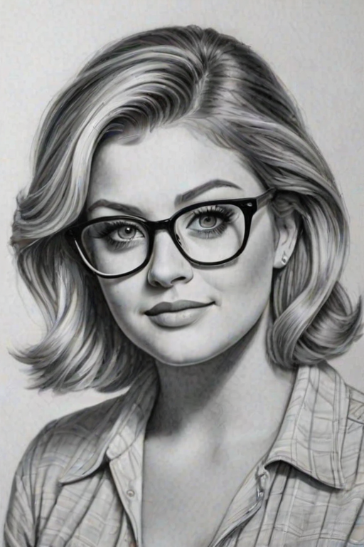 Graceful Lauren Alaina, pencil sketch, portrait of Pleasing woman 1936s in glasses, hair style beatnik, outline, clear lines, fine lines, 8k