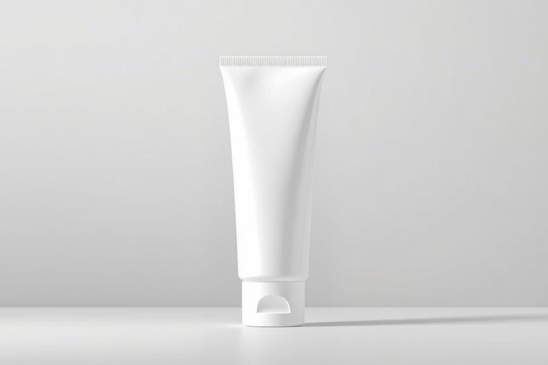 render a high-quality image of a white cosmetic tube standing upright on a neutral gray background with soft diffused lighting, camera settings: ISO 100, f/8, shutter speed 1/125s, camera view: centered, camera style: product photography, camera type: DSLR
