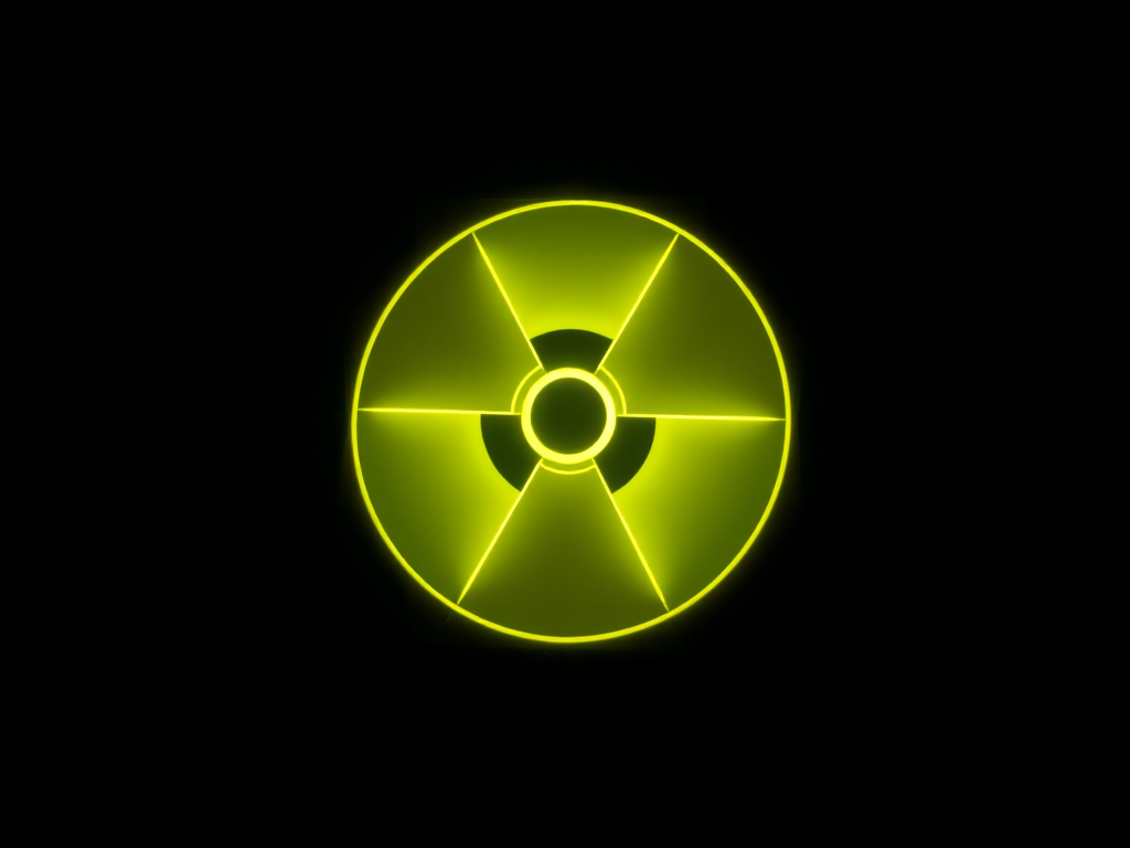 Regenerate the image of a glowing yellow radioactive symbol against a dark background, using a DSLR camera with a 50mm lens, aperture f/1.8, ISO 200, shutter speed 1/100s, and a macro view to enhance details and clarity.