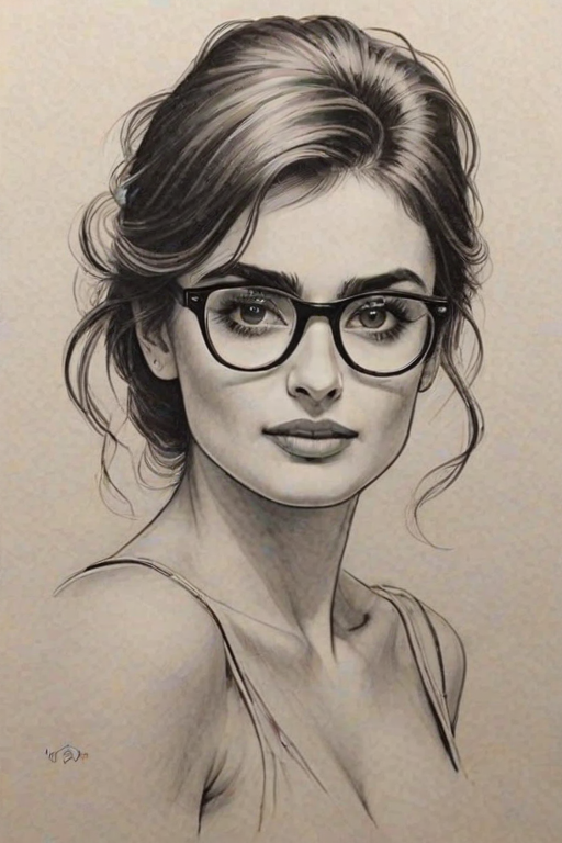 Dazzling Pen'lope Cruz, pencil sketch, portrait of Charming woman 1931s in glasses, hair style beatnik, outline, clear lines, fine lines, 8k