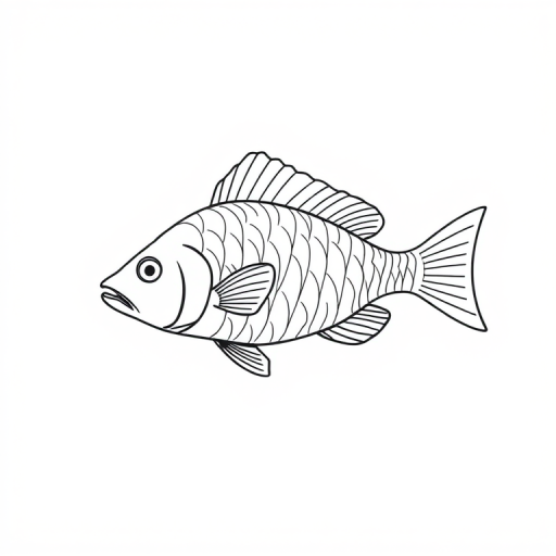 Generate a simple line drawing of a fish, using a Canon EOS R5 camera, 50mm lens, aperture at f/8, ISO 100, with overhead softbox lighting for even illumination, on a clean white background.