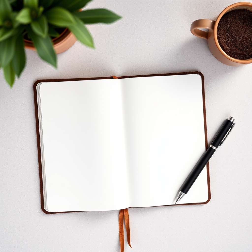 high-quality flat lay photo of an open blank notebook with a pen beside it, soft natural lighting, 50mm lens, aperture f/2.8, ISO 200, DSLR camera, top-down view