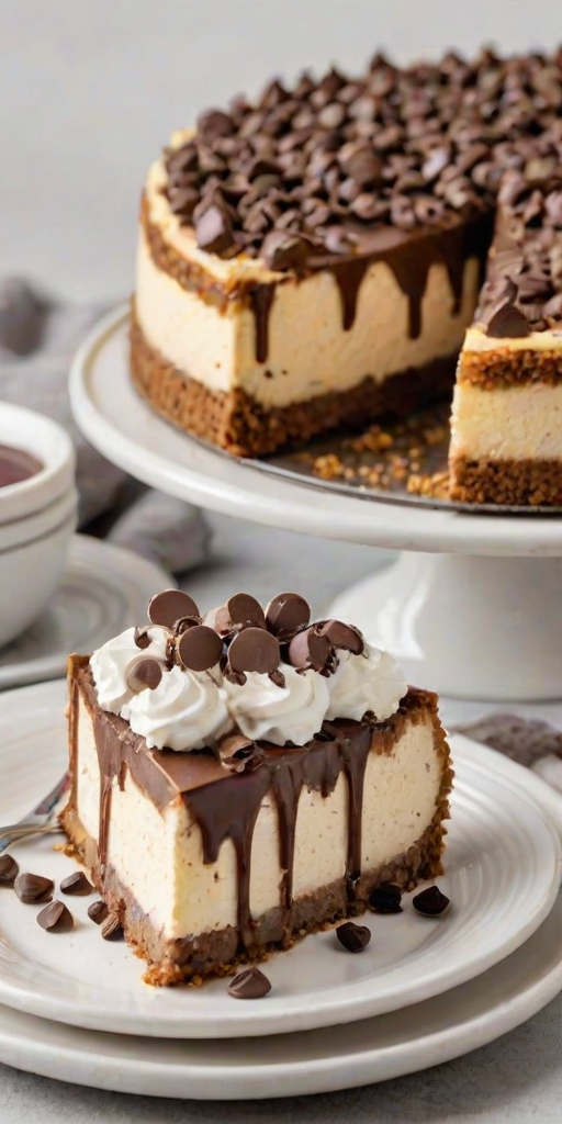 Create an image of a delicious cheesecake with a cookie crust, topped with whipped cream, chocolate chips, and whole cookies. The cheesecake should have a slice taken out, revealing its creamy texture and layers. The setting should be bright and inviting, with a simple plate and a light background.