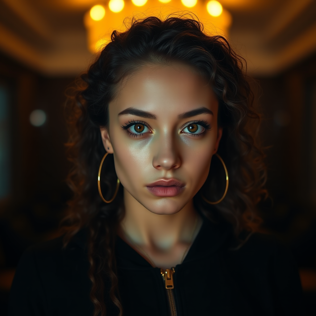 A young woman with long, curly brown hair is looking directly at the viewer. She is wearing a black top with a zipper down the front. The setting is a dimly lit interior space, with a warm, golden light emanating from the background. Her expression is neutral, with a hint of seriousness. The image is a close-up portrait with a shallow depth of field, focusing on the woman's face and torso. The background is blurred, creating a soft and intimate atmosphere.  She is wearing large gold hoop earrings, and a small gold chain is visible around her neck.  Her makeup is natural and simple, highlighting her brown eyes. The lighting creates subtle shadows that accentuate her features.  Her skin is smooth and glows in the soft light. The composition is balanced, with the woman's face positioned in the center of the frame.  The image is focused on capturing her beauty and confidence.