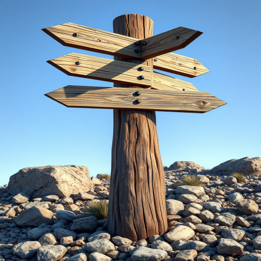 Create a detailed illustration of a weathered wooden signpost with multiple arrows pointing in different directions, surrounded by small rocks, captured in natural daylight using a DSLR camera, 50mm lens, f/2.8 aperture, ISO 100, in a vibrant and colorful style.
