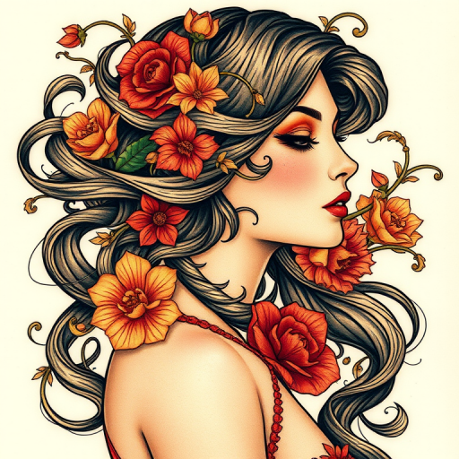 Art nouveau-inspired tattoo titled "Nouveau Nightingale" featuring an elegant woman with flowing hair intertwined with intricate floral patterns and whiplash curves, incorporating rich jewel tones and gold accents to emulate the luxurious style of the art movement