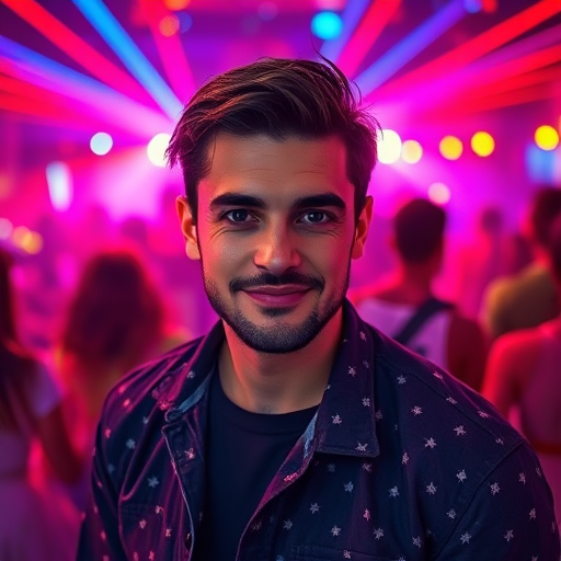 Regenerate an image of a confident man in a colorful party scene with vibrant laser lights and dancing people, captured with a Canon EOS R5, 50mm lens, f/1.8 aperture, ISO 200, in a well-lit environment to emphasize detail and clarity.