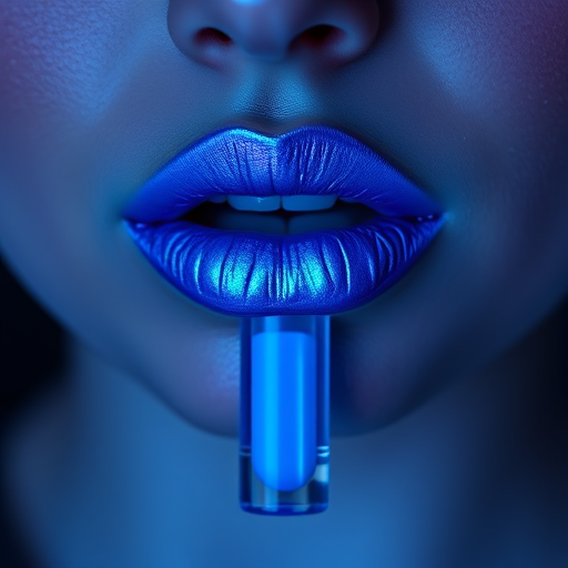 Electric blue liquid lipstick "Neon Frost" with metallic finish and cool undertones, ideal for avant-garde makeup and bold statements, long-wearing and non-drying formula
