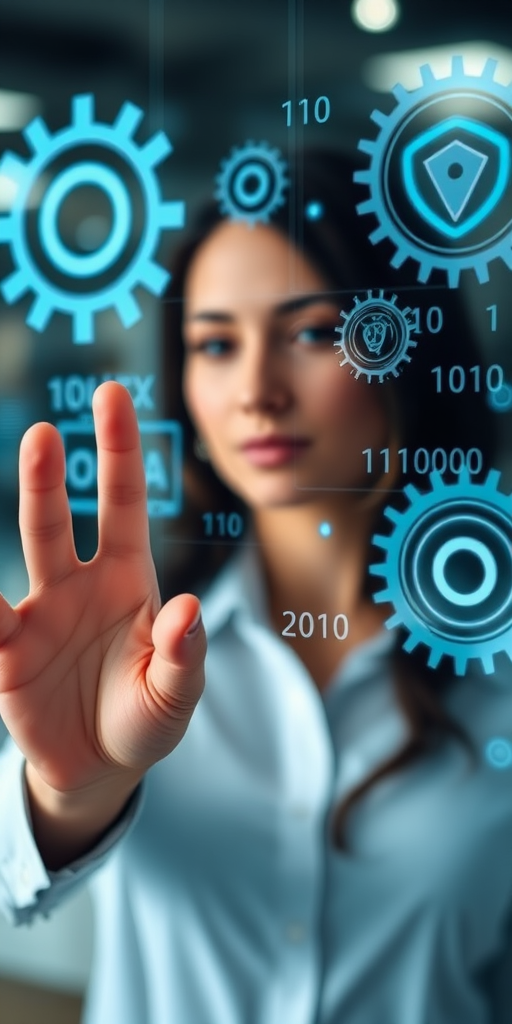 Create a high-resolution image of a businesswoman interacting with a transparent digital interface featuring gears and binary code, shot with a Canon EOS R5 at f/1.8, ISO 100, 50mm lens, using a soft focus background for depth.