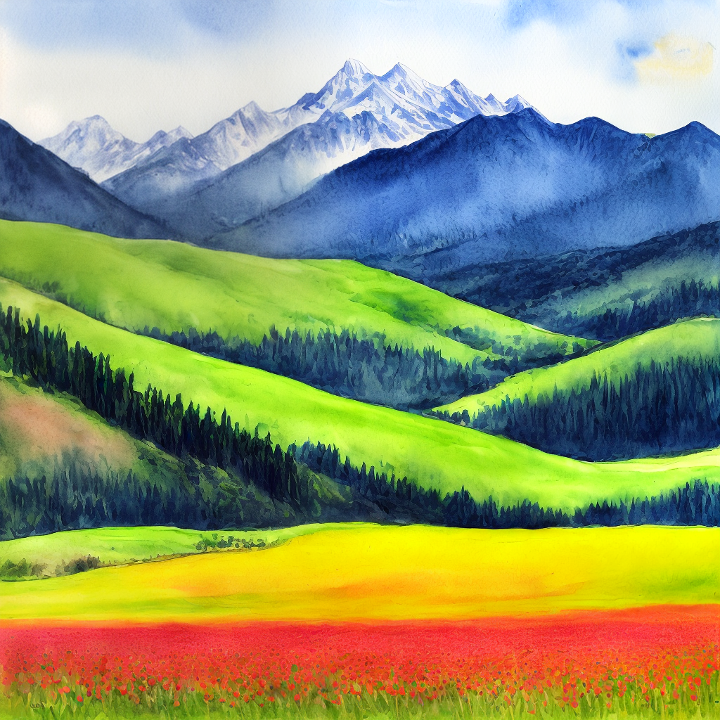field of flowers in the spring with mountains in the background, watercolor