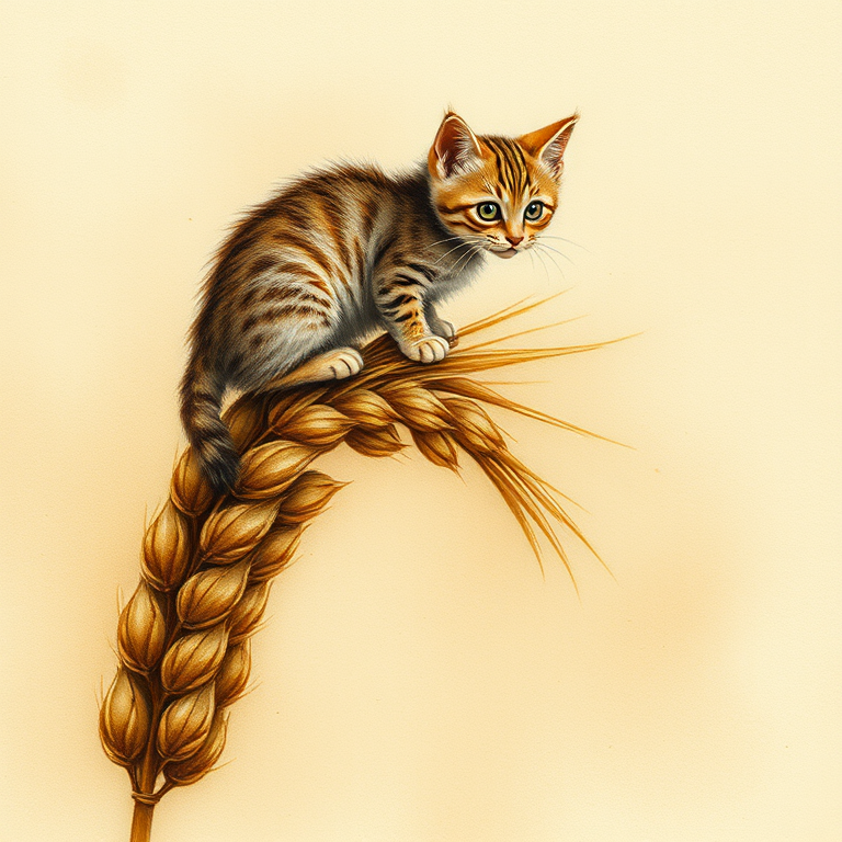 Soft, muted Alcohol Ink with ebru effect background image of tiny whimsical cat, who climbed high on the top of a golden rye ear.