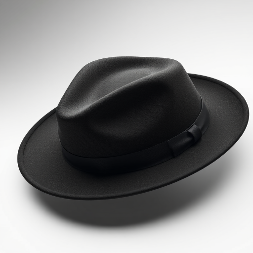 Regenerate a high-quality 3D rendering of a black fedora hat with a gray band, using a Canon EOS 5D Mark IV, aperture f/2.8, ISO 100, 35mm lens, in a studio setup with softbox lighting to enhance detail and texture.