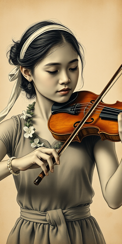a young Hawaiian woman with a white headband playing a violin, in the style of a charcoal drawing, sepia grunge background