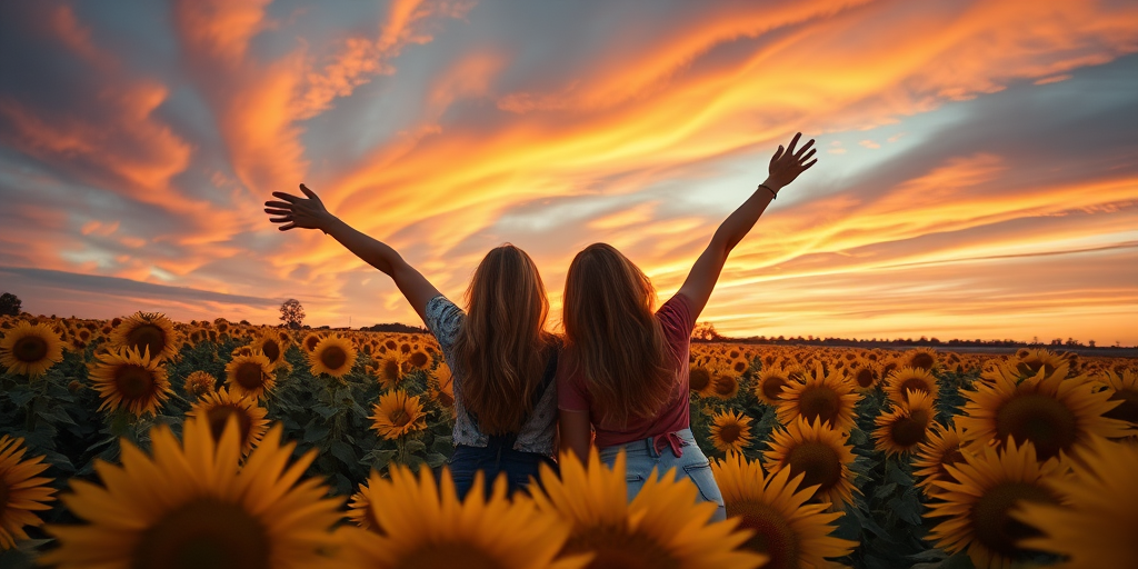 capture two women celebrating in a sunflower field at sunset, vibrant colors in the sky, golden hour lighting, wide angle view, DSLR camera, f/2.8 aperture, ISO 100, 24mm lens, enhance clarity and saturation