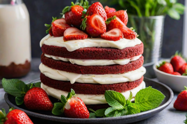 Create an image of individual red velvet cake layers stacked with cream cheese frosting in between, topped with fresh strawberries and mint leaves, presented on a cooling rack with a blurred background of more strawberries and leafy greens.