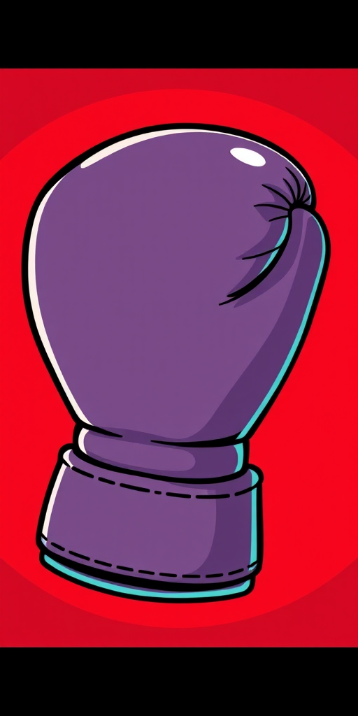 Create a high-quality illustration of a boxing glove in a stylized cartoon design, set against a bold red circular background, using a Canon EOS R5 camera with an aperture of f/2.8 for a soft background blur, focal length of 50mm for detail, and capturing in bright daylight for vibrant colors.