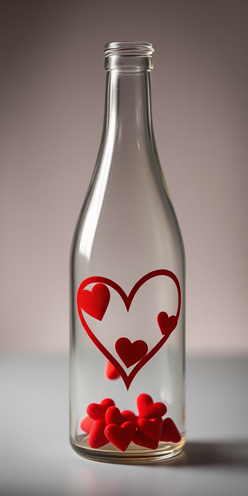 A glass bottle with a red heart design and small red hearts floating inside, backlit with soft diffuse lighting, captured with a Canon EOS R5, 50mm lens at f/1.8, ISO 100, in a studio setting for enhanced detail and clarity.