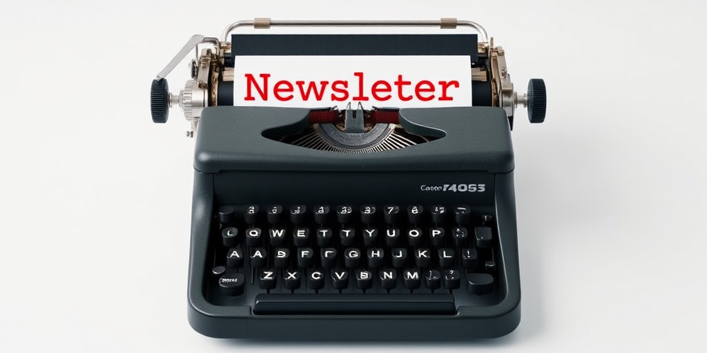 vintage typewriter on a plain background with the word "Newsletter" prominently displayed in bold red text, shot with a Canon EOS R5, 50mm lens, f/2.8 aperture, ISO 100, natural lighting for enhanced clarity and contrast