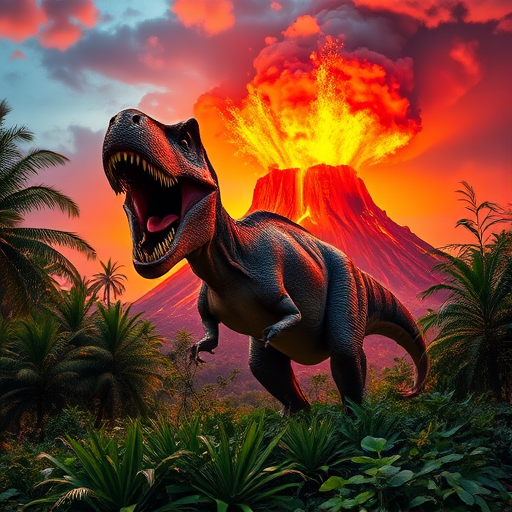 a dramatic scene of a Tyrannosaurus rex roaring in front of an erupting volcano surrounded by lush tropical vegetation, captured with a DSLR camera at 24mm focal length, aperture f/8, ISO 100, using a dynamic range HDR technique for enhanced details and vibrant colors