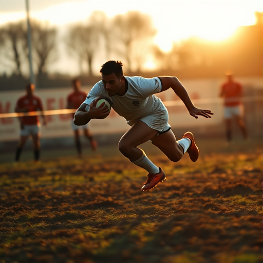 Blurry action shot of a rugby player diving across the try line in a muddy field, soft golden light from the setting sun casting long shadows on the ground, with distant teammates cheering in the background.