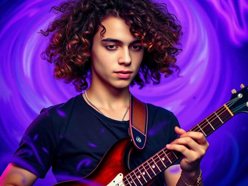 Create a vibrant portrait of a young man with curly hair playing an electric guitar, surrounded by swirling purple and blue patterns, shot with a Canon EOS R5 at f/2.8, ISO 100, 50mm lens, 1/200s exposure, in a soft focus style.