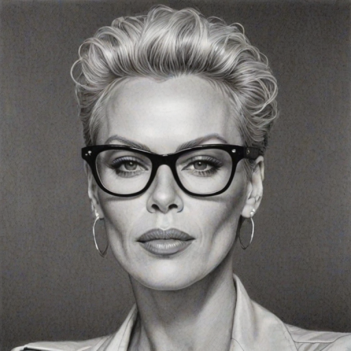 Beauteous Brigitte Nielsen, pencil sketch, portrait of Graceful woman 1977s in glasses, hair style beatnik, outline, clear lines, fine lines, 8k