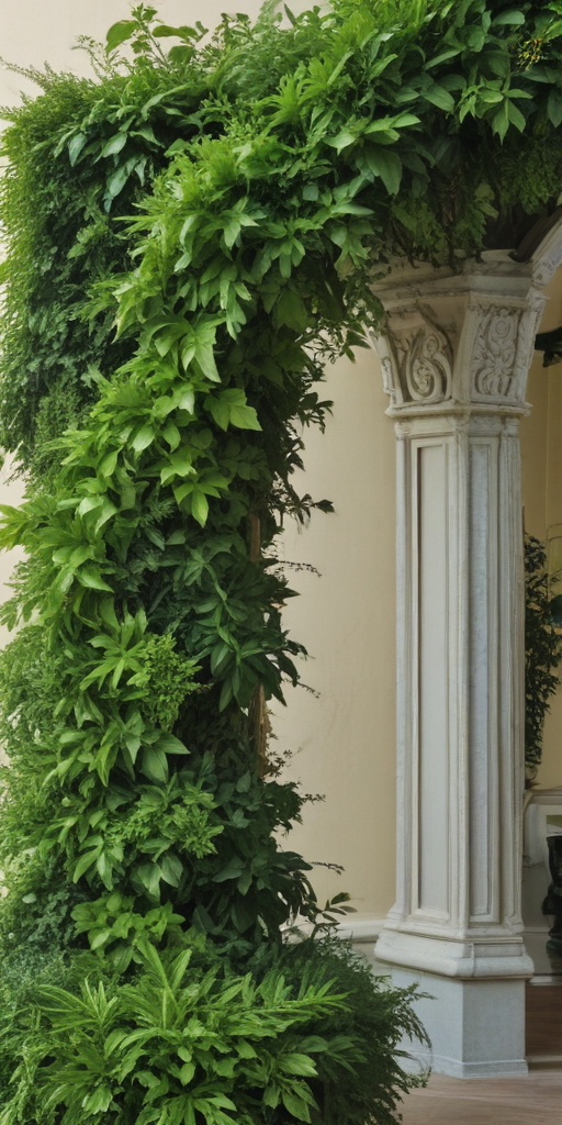 Lush Greenery Cascading Over Elegant Architectural Column in Serene Setting