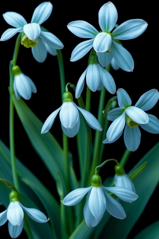 A vibrant illustration of snowdrop flowers with pale blue petals and green leaves, set against a black background, captured using a macro lens at f/2.8, ISO 100, shutter speed 1/200 sec, with a DSLR camera for enhanced detail and color contrast.