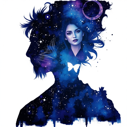 Captivating conceptual render alcohol ink art, double exposure, the paint strokes artfully merge combining a woman's full silhouette with a Swinging monkey's silhouette. The figures are composed of a series of colored dots, lines & spots that evoke the image of a cosmic galaxy, colors are deep shades of blue purple & black with flashes of white & silver representing distant stars. The woman's silhouette is formed within the lion's silhouette from constellations of scattered stars, surreal