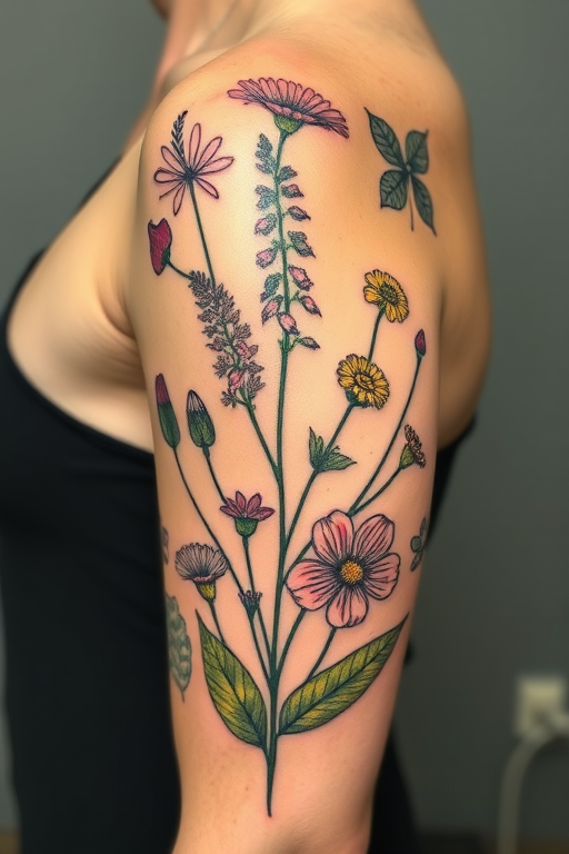Botanical illustrative tattoo entitled "Flora Vitae" featuring highly detailed and scientifically accurate plant and flower drawings reminiscent of vintage botanical illustrations, perfect for nature lovers