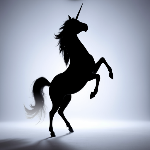 Create a high-resolution silhouette of a unicorn rearing up with flowing mane and tail, using a DSLR camera at f/2.8 aperture, ISO 100, 50mm lens, shot in a studio with soft lighting to enhance details and contrast.