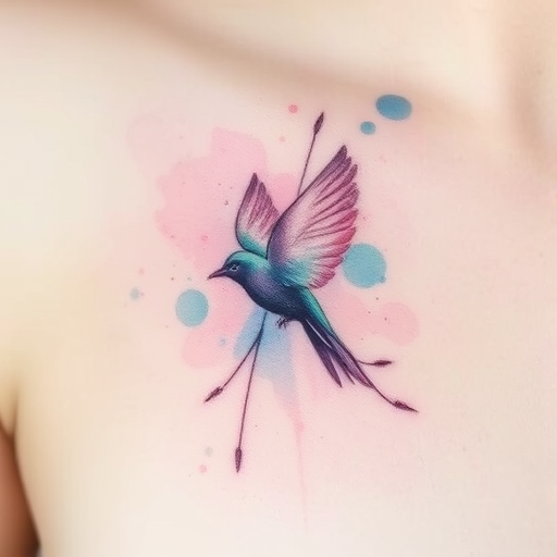 Delicate "Watercolor Whisper" tattoo style characterized by soft, dreamy washes of pastel hues blending seamlessly into one another, creating an ethereal and romantic aesthetic reminiscent of impressionist paintings, with subtle outlines and strategically placed splatters adding depth and texture to the design, evoking a sense of lightness and transience that beautifully complements nature-inspired motifs such as flowers, birds, or landscapes