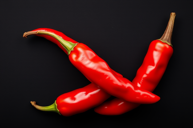 Create a high-resolution digital illustration of two vibrant red chili peppers with a contrasting black background, using a 50mm lens, f/2.8 aperture, ISO 100, and natural lighting to enhance color depth and texture, in a flat lay composition.