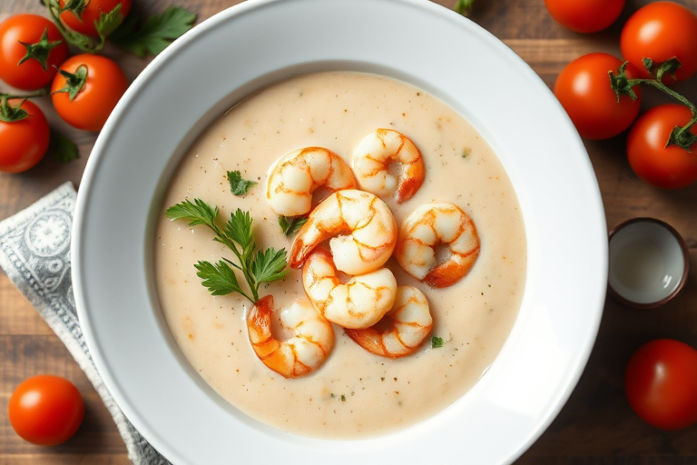 Create a high-resolution image of a creamy shrimp soup in a white bowl with cherry tomatoes and fresh herbs, captured from a top-down view using a DSLR camera with a 50mm lens, aperture set to f/2.8 for shallow depth of field, ISO 100 for minimal noise, and natural lighting to enhance the colors and textures.