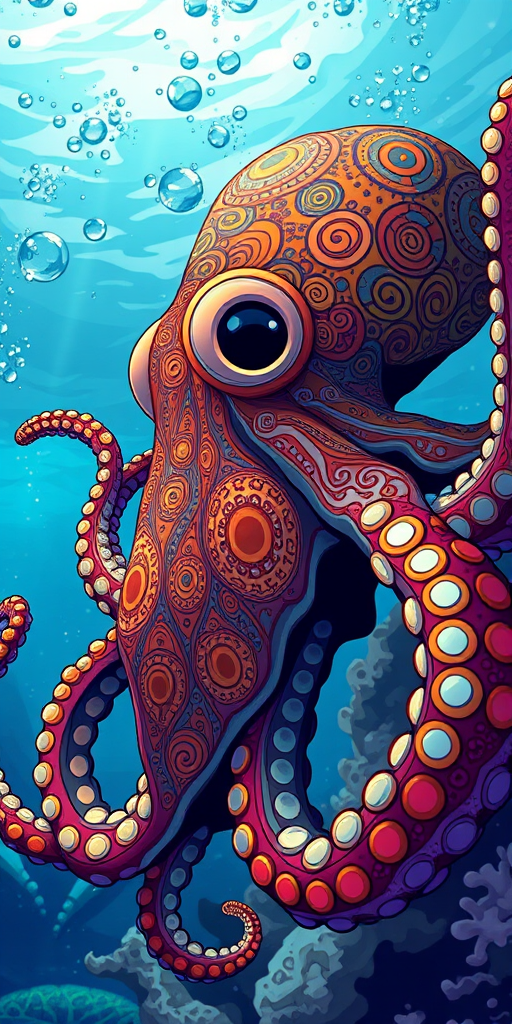 Create an illustration of a stylized octopus with intricate patterns, vibrant colors, and a dynamic underwater background, captured with a 50mm lens at f/1.8, ISO 200, 1/200s, using a Canon EOS R camera in a high-dynamic range style.