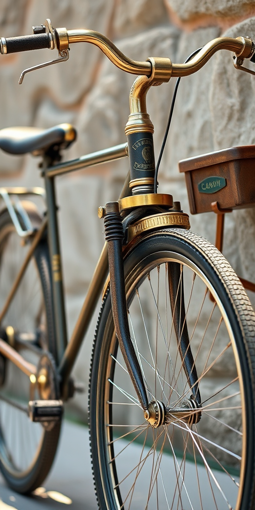 Create a highly detailed digital illustration of a vintage steampunk bicycle with brass elements, using a Canon EOS R5 camera with a 50mm lens, aperture f/1.8, ISO 100, set in natural daylight for enhanced clarity and color depth.