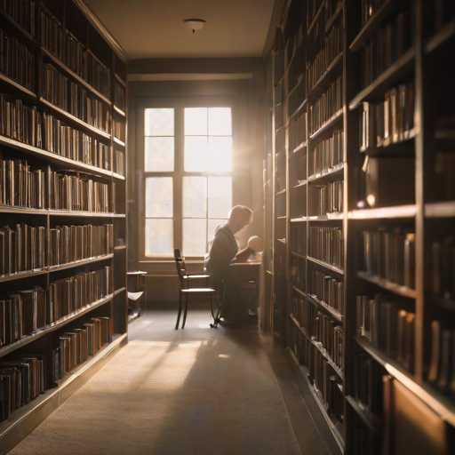 Soft-focus image of a quiet library with tall shelves filled with books, soft sunlight streaming through large windows, and a solitary figure reading in a cozy corner.
