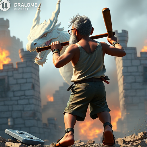 Cartoon 3D High-Resolution,dynamic battle scene using Unreal Engine 5 and Octane Render. The scene features back of an elderly, thai man with a beard,messy hair and round golden-rimmed glasses. He is wearing a tattered tank top with soot marks, shorts, and sandals. sweating. he wields a baseball bat. He jump to fight with a white fire-breathing Europe dragon amidst a partially destroyed stone castle. Include intense flames, smoke, and debris to enhance the dramatic effect.