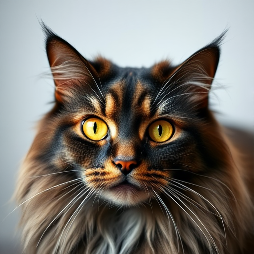portrait of a majestic long-haired cat with piercing yellow eyes, soft diffused lighting, shallow depth of field, ISO 200, f/2.8, 85mm lens, studio backdrop, high-resolution DSLR camera