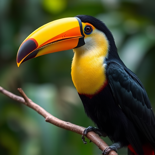 Regenerate an illustration of a toucan perched on a branch with intricate details, using a Canon EOS R5 camera with a 100mm f/2.8L Macro IS USM lens, in natural light, capturing a high-resolution image with a shallow depth of field, and a soft focus background to enhance the subject's clarity and intricacy.