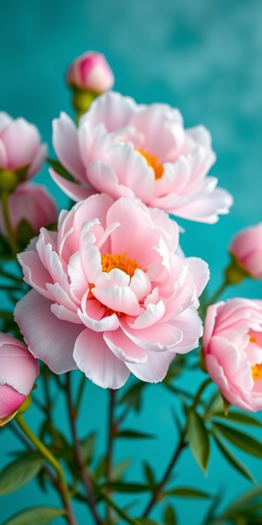 Create a high-resolution image of lush peonies in soft pink and white, set against a turquoise background, with a shallow depth of field using a DSLR camera, 50mm lens, aperture set to f/2.8, ISO 100, and a 1/125s shutter speed to enhance detail and color vibrancy.