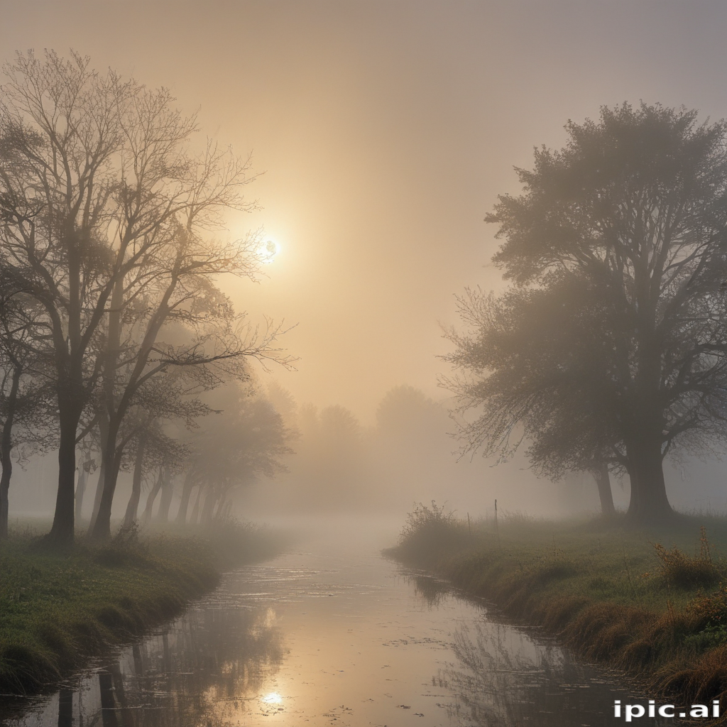 Serene Morning Mist Over a Calm River with Silhouetted Trees
