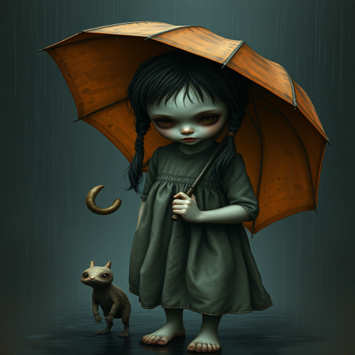 An eerie, weird little girl with dark hair in thin pigtails, wearing a smock dress, standing in the rain, holding a dirty orange umbrella, a small, odd creature beside her. In a surreal style inspired by Nicoletta Ceccoli and Brian Froud. Dark fantasy themes