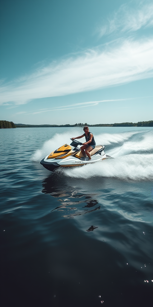jet ski rider on a lake splashing water captured with a Canon EOS R5 at f/4, 1/1000s, ISO 200, telephoto lens, shot at eye level for dynamic action and clarity