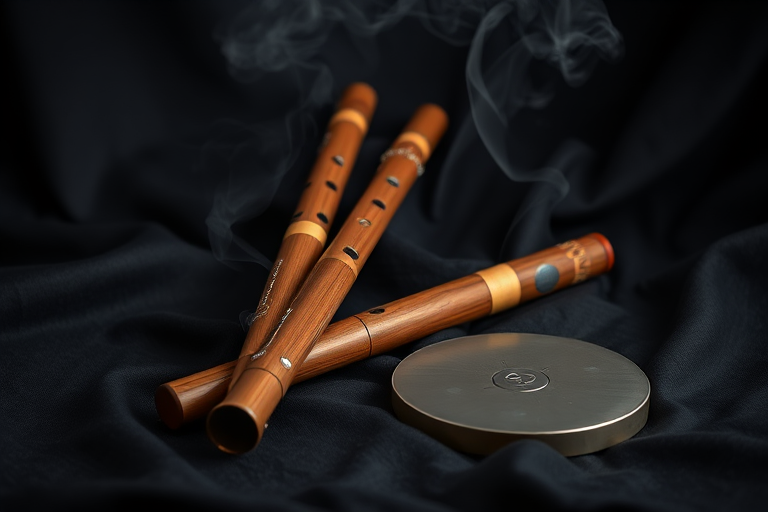 still life composition of wooden flutes and a pan flute on a dark fabric background with smoke, macro lens, f/2.8 aperture, ISO 100, 1/60 sec shutter speed, shot with a DSLR camera, soft lighting for an elegant effect