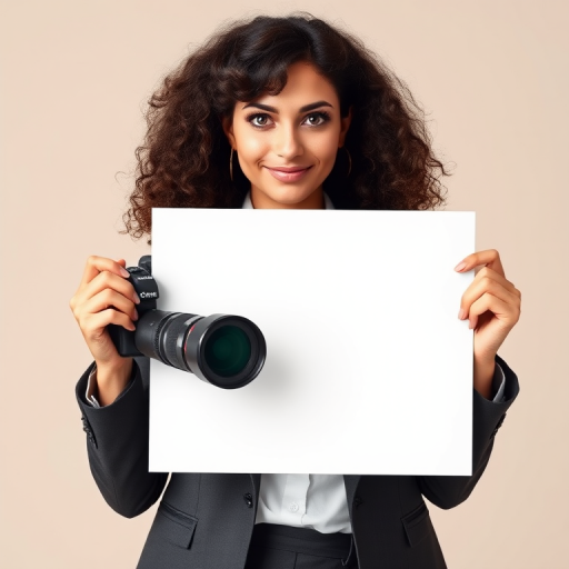 Create an illustration of a confident woman in a business suit holding a blank white sign, shot with a DSLR camera, aperture f/4, ISO 100, 50mm lens, centered composition with soft lighting and a neutral background.