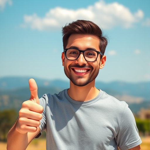 Create a vibrant cartoon-style image of a smiling man giving a thumbs up against a simplified landscape background, captured with a Canon EOS R5, 50mm lens, f/1.8 aperture, ISO 100, in bright daylight to enhance colors and clarity.