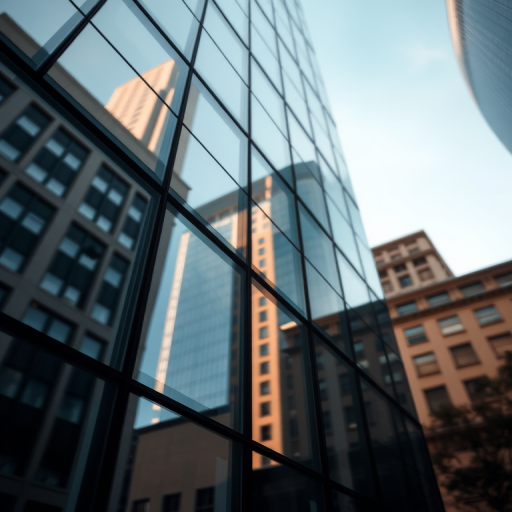 Capture a close-up view of a modern glass building facade with reflections of other buildings, using a Canon EOS R6, 50mm lens, aperture f/8, ISO 200, with a slight upward angle to enhance perspective.