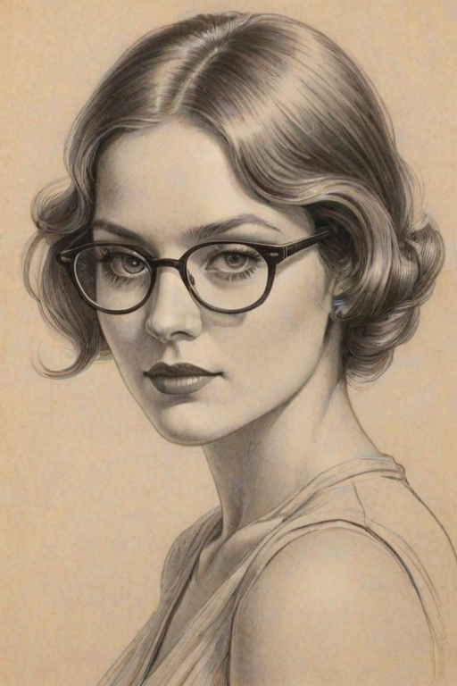 Enticing Clare Grant, pencil sketch, portrait of Elegant woman 1921s in glasses, hair style beatnik, outline, clear lines, fine lines, 8k